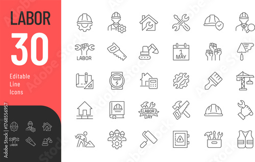Labor Line Editable Icons set. Vector illustration in modern thin style of work related icons: construction, repairman, tools, and more. Isolated on transparent background.
