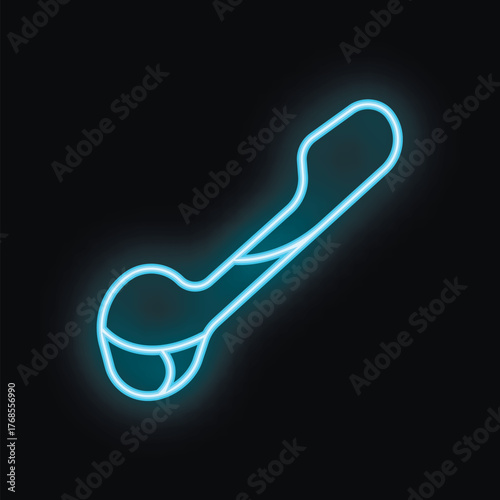 Glowing blue neon sign depicting a smoking pipe with cannabis inside it, isolated on a black background