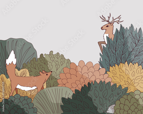 Doodle Autumn hand drawn forest border in linear style. Fairy Fall floral background with cartoon trees and animals. Vector illustration