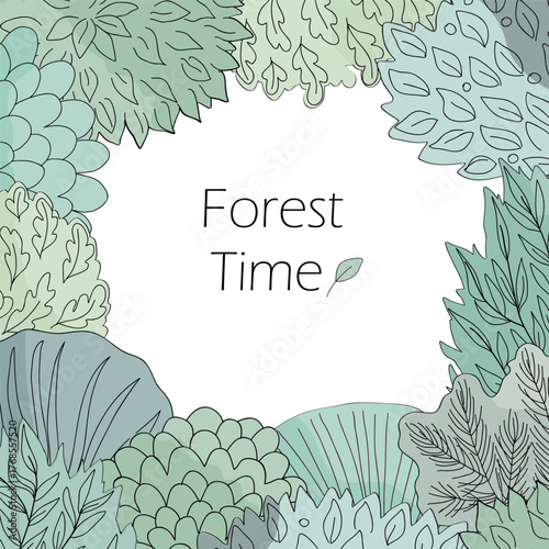 Doodle hand drawn forest frame in linear style. Floral border with place for text. Vector illustration