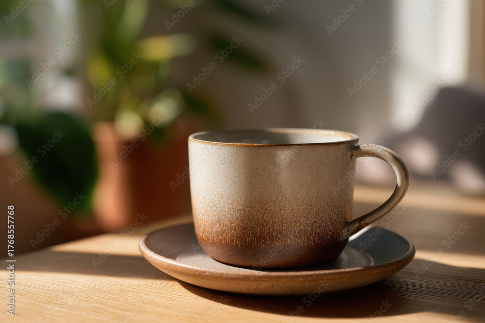 Fototapeta premium Minimalist ceramic coffee cup with saucer, side angle, showcasing warm tones and natural light, perfect for cozy atmosphere