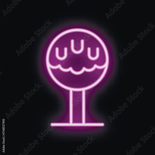 Neon sign representing a delicious cake pop on a stick, with icing dripping down, glowing bright purple against a dark background