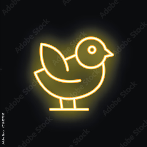Bright yellow neon icon of a stylized bird glowing on a black background