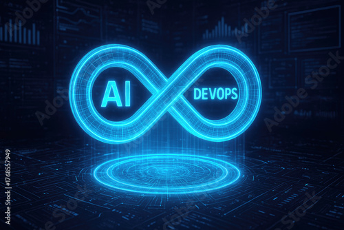 Futuristic AI and Dev Ops infinity symbol glowing blue on a digital circuit board background Artificial Intelligence