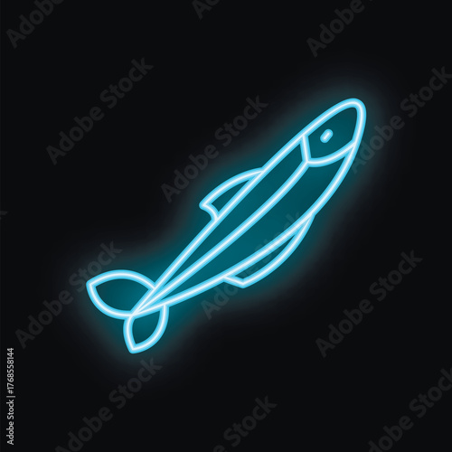 Blue neon sign of a fish swimming up on a black background