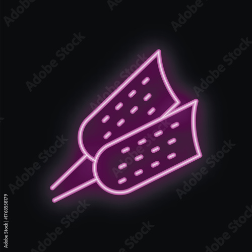 Neon sign showing two corn cobs glowing in purple and white on black background