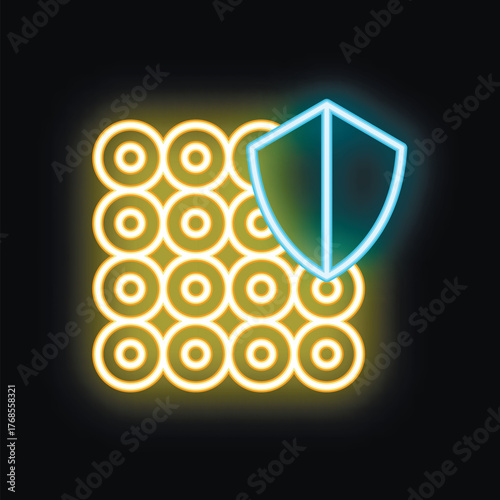 Blue neon shield protecting yellow database icon glowing on dark background