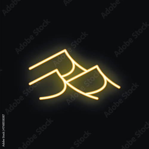 Neon sign is glowing yellow and depicting three mountains on a black background