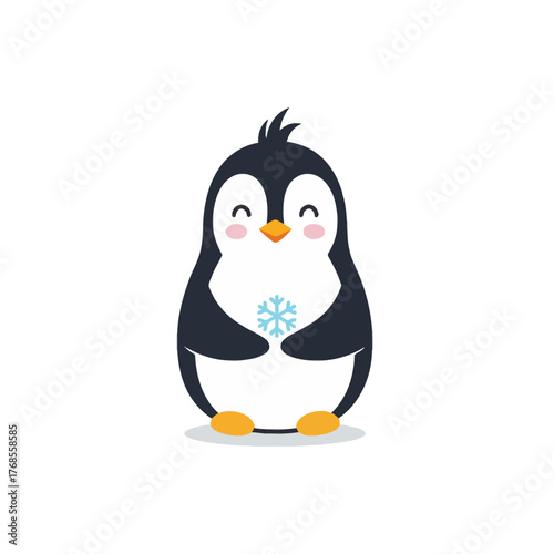 Cute cartoon penguin holding a snowflake illustration, perfect for winter and holiday designs