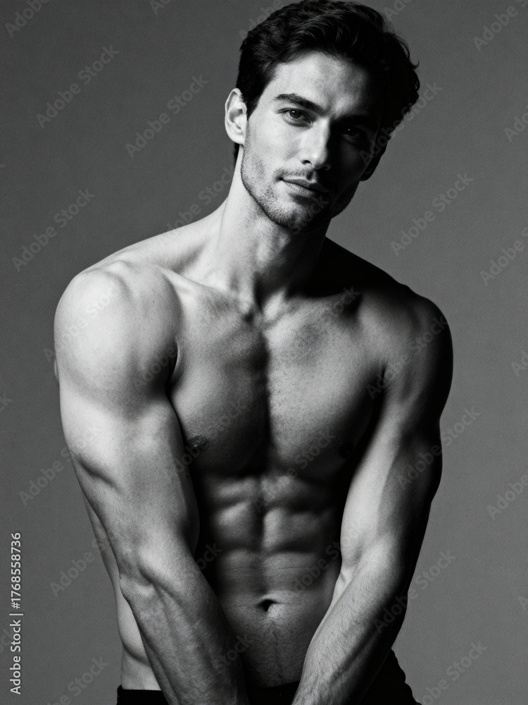 Fototapeta premium A male model stands in a stylish studio, exhibiting a strong and toned physique. The black and white setting enhances the model's features, highlighting his confident pose