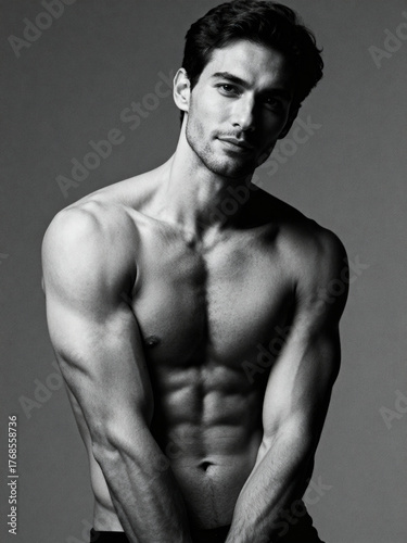 A male model stands in a stylish studio, exhibiting a strong and toned physique. The black and white setting enhances the model's features, highlighting his confident pose