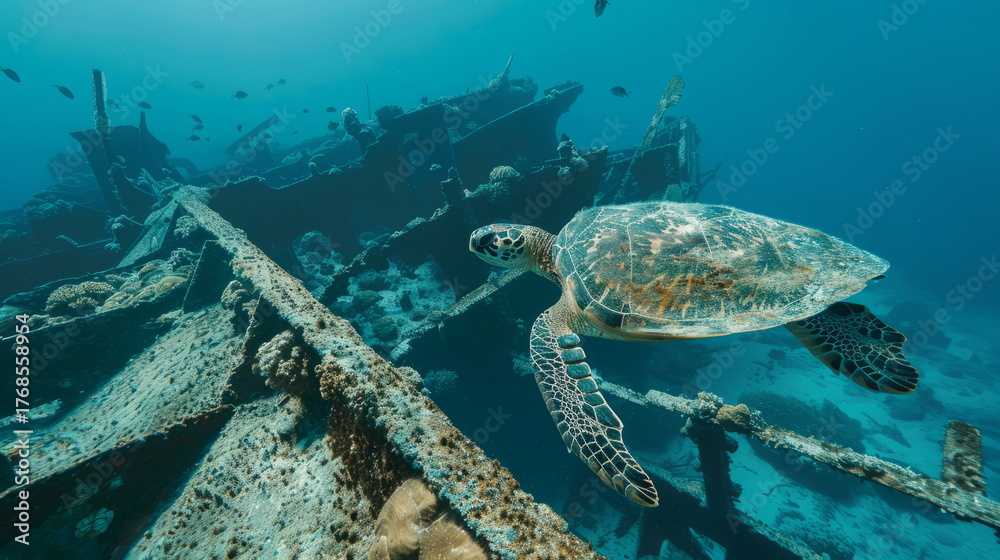 Fototapeta premium A captivating green sea turtle gracefully swims by a historic shipwreck resting on the ocean floor, surrounded by the vibrant blue waters of the sea environment.