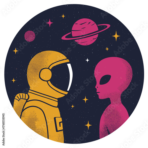An astronaut in a yellow suit encounters a pink alien in the vast, star-filled cosmos, symbolizing first contact and intergalactic exploration.