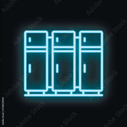 Blue neon icon of lockers glowing on black background