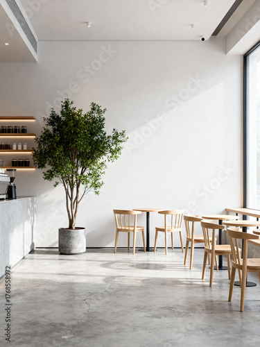 Bright cafe space features minimalist design with wooden tables and chairs. Natural light floods in through large windows, enhancing the warm ambiance of the room