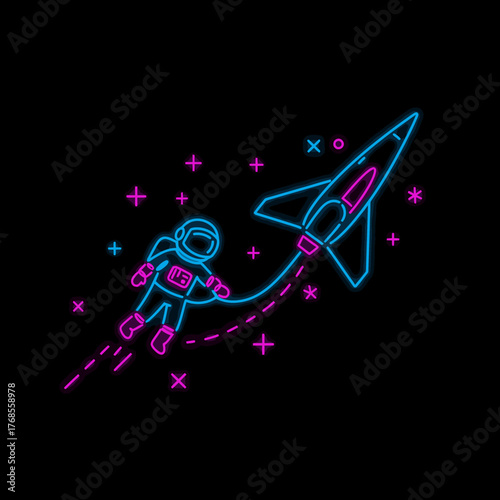 Neon artwork shows an astronaut floating by a rocket, surrounded by glowing stars in dark space, representing cosmic adventure and discovery.