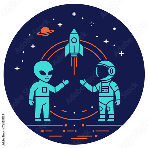 An astronaut encounters an alien on a cosmic landscape, symbolizing first contact and the wonders of interstellar exploration beneath a star-filled sky.