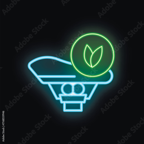 Neon green transportation icon depicting an eco friendly high speed train, isolated on a black background