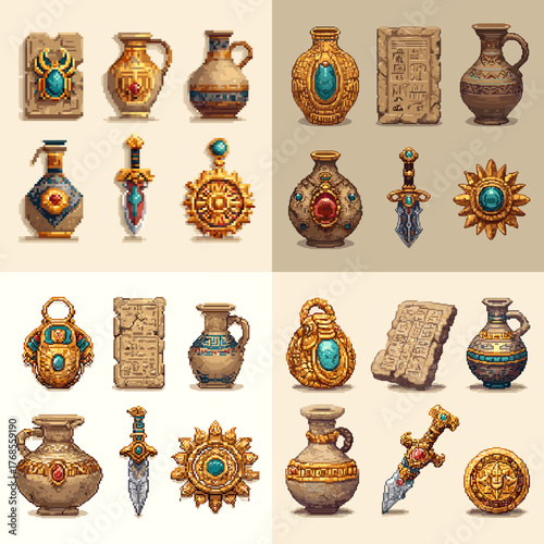 Fantasy set of ancient vases, daggers, medallions, and relics decorated with gemstones. Ideal for RPG treasures, museum artifacts, or adventure game icons.