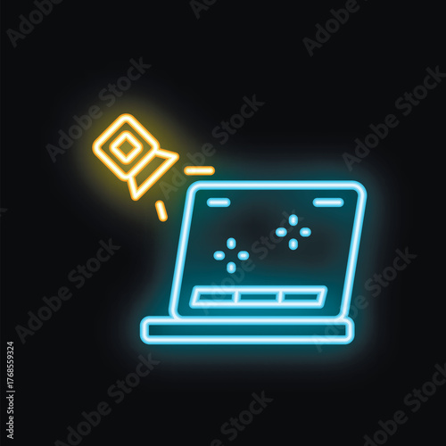 Neon icon of a flashlight pointing at a laptop screen with data, representing the concept of data analysis