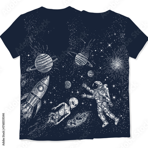 Dark t-shirt with detailed cosmic illustration: astronaut, alien, rocket exploring star-filled universe with planets, inspiring galactic adventure.