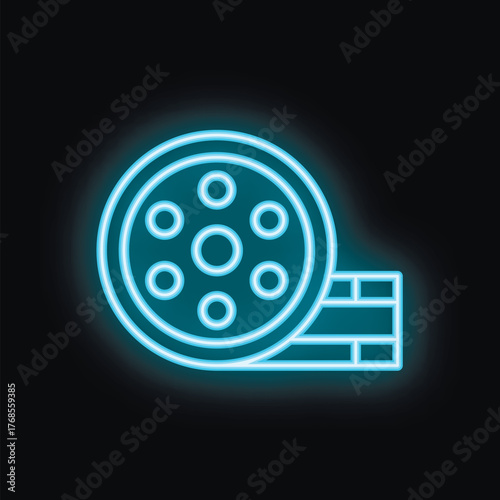 Blue neon sign representing a film reel glowing on a black background