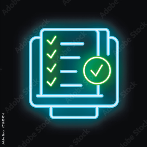 Neon sign icon of documents with check marks, symbolizing completed tasks or a finished checklist