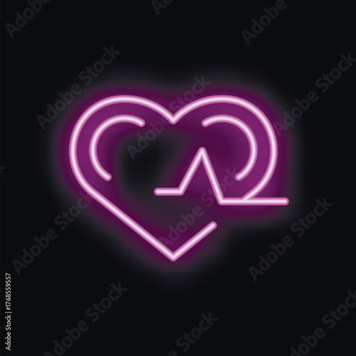 Neon heart shape is glowing with an ekg line going through it, representing the concept of healthcare