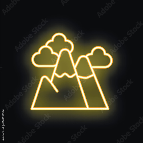 Bright yellow neon sign depicting mountains with snow caps and clouds