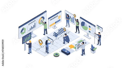Dynamic isometric illustration of data analysis, team collaboration, and strategic planning for business growth in a modern workspace environment