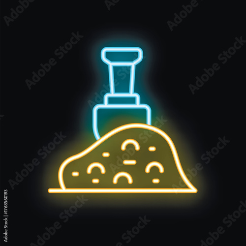 Bright neon icon of a shovel digging a pile of sand or gravel on a black background