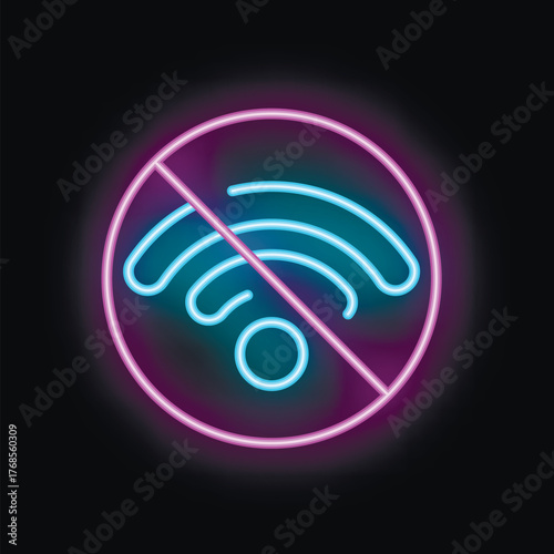 Bright neon style icon of a wifi symbol being crossed out by a circle with copy space on a black background