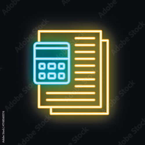 Blue and yellow neon icon of a calculator calculating invoice papers