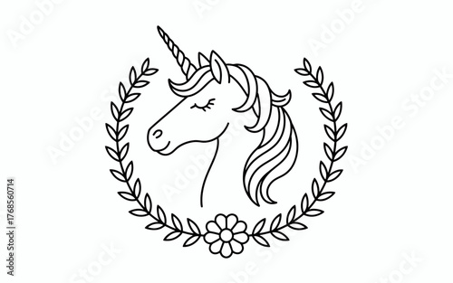 Elegant unicorn head emblem with laurel wreath and flower outline for whimsical designs