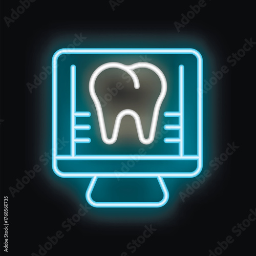 Neon icon of a dental x ray displayed on a computer screen, representing modern dentistry and technology