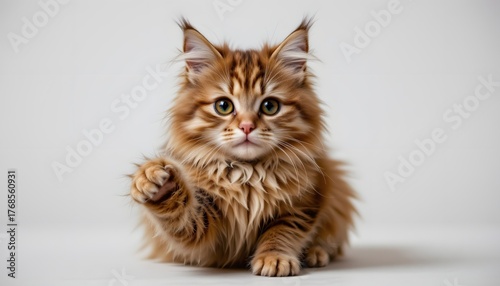 Fluffy Maine Coon Kitten Playfully Extending Paw While Lying on a White Surface
