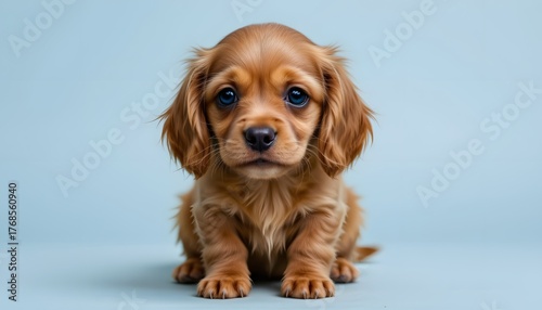 Adorable Brown Puppy Sitting on Light Blue Background with Expressive Eyes and Soft Fur