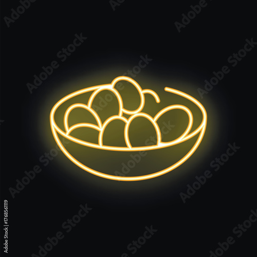Neon sign depicting a bowl full of olives, glowing yellow on a black background