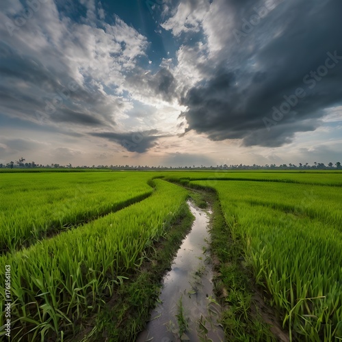 Cloudy Sky Over Vibrant Green Paddy Fields — Rural Farming and Sustainable Agriculture Landscape