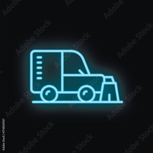 Blue neon style icon of a delivery van parked with a warning sign behind it