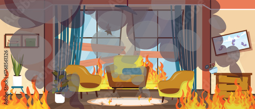Vector illustration of a fire in an apartment. Cartoon scene of a room, things engulfed in smoke, fire: armchairs, chest of drawers, painting, falling vase, houseplants, bookshelves, carpet, windows.