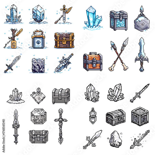 Set of pixel RPG weapons and treasures including swords, crystals, and chests. Ideal for fantasy video games, adventure UI, or retro-style design elements.