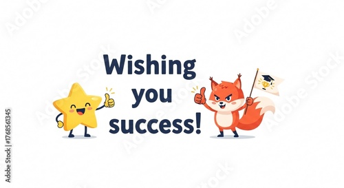 Wishing you success with cute cartoon fox and star celebrating achievements and good luck