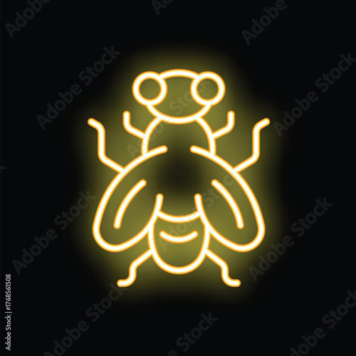 Yellow neon sign depicting a housefly with large wings and compound eyes, set against a black background