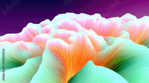 Abstract Colorful Flower-Like Gradient In Pink, Orange, Green Tones Against Purple Background, Ideal For Wallpaper, Poster, Modern Art, And Creative Design Concepts