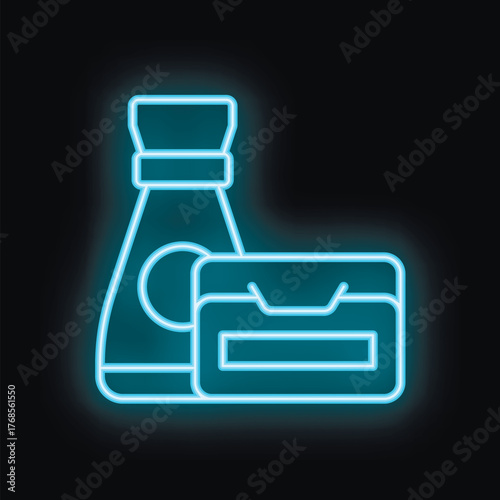 Neon light glowing of a bottle of soy sauce with a credit card suggesting online food ordering and delivery