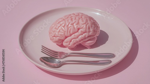 Pink Brain On Plate With Fork And Spoon Against Pink Background, Abstract Concept For Brain Nutrition, Thinking, Creativity, Ideal For Wallpaper, Poster, And Design Projects