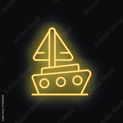 Neon sign representing a sailboat with portholes shining on a wall in the dark