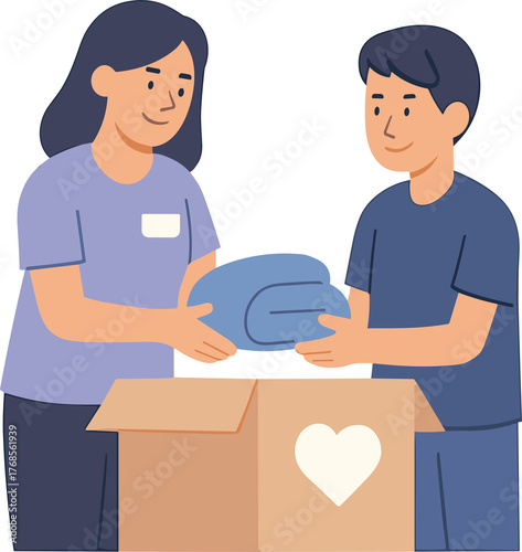 A flat illustration of two people donating clothes into a charity box, symbolizing kindness, volunteer work, and community support.