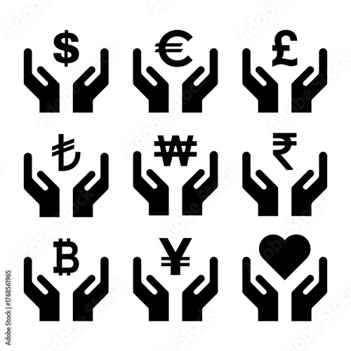 Set of Hope icon, human hand with money symbol, graphic design, vector illustration .